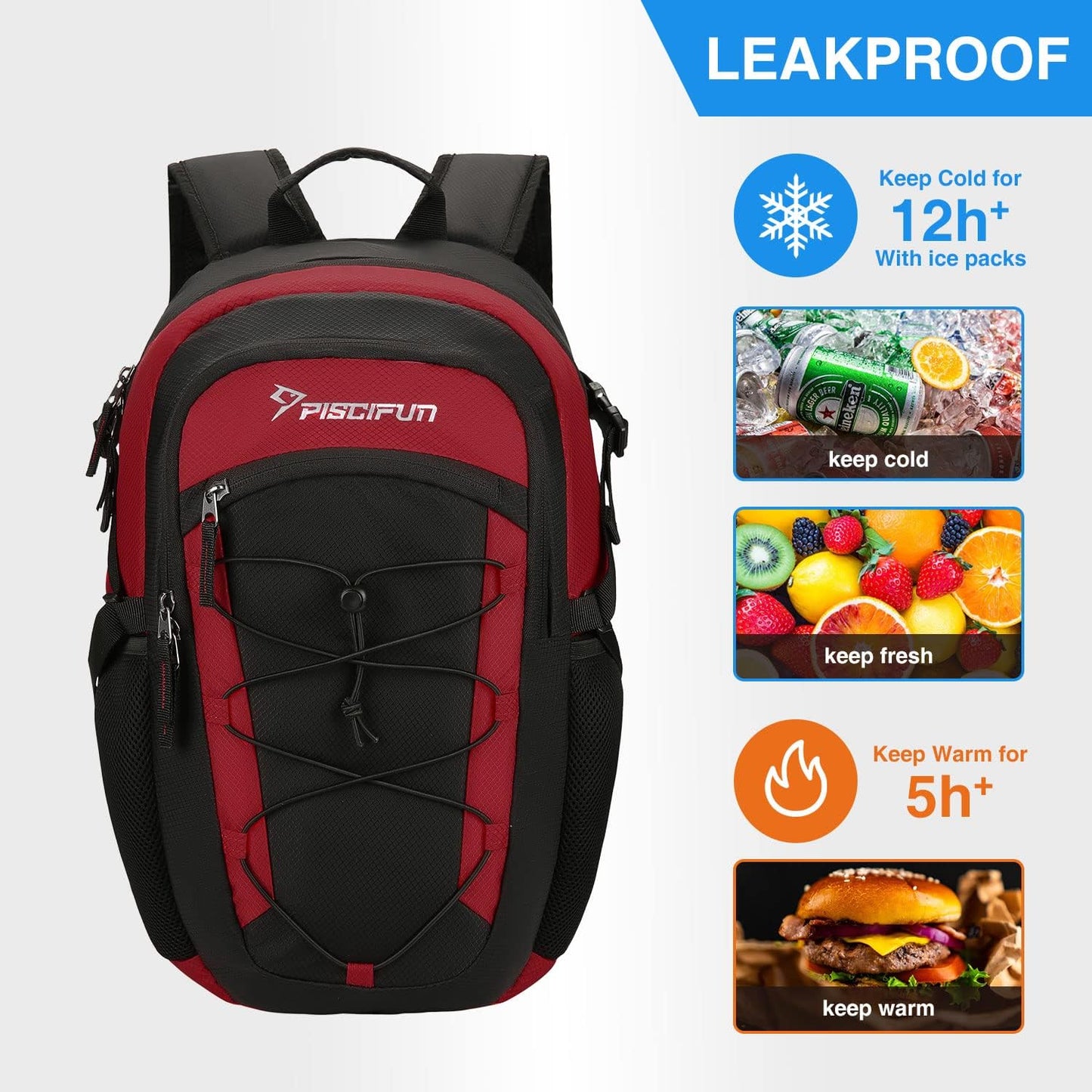 Piscifun Insulated Cooler Backpack - Lightweight, Leakproof Soft Cooler Bag for Lunch, Picnic, Fishing, Hiking, Camping, and Day Trips in Black & Red
