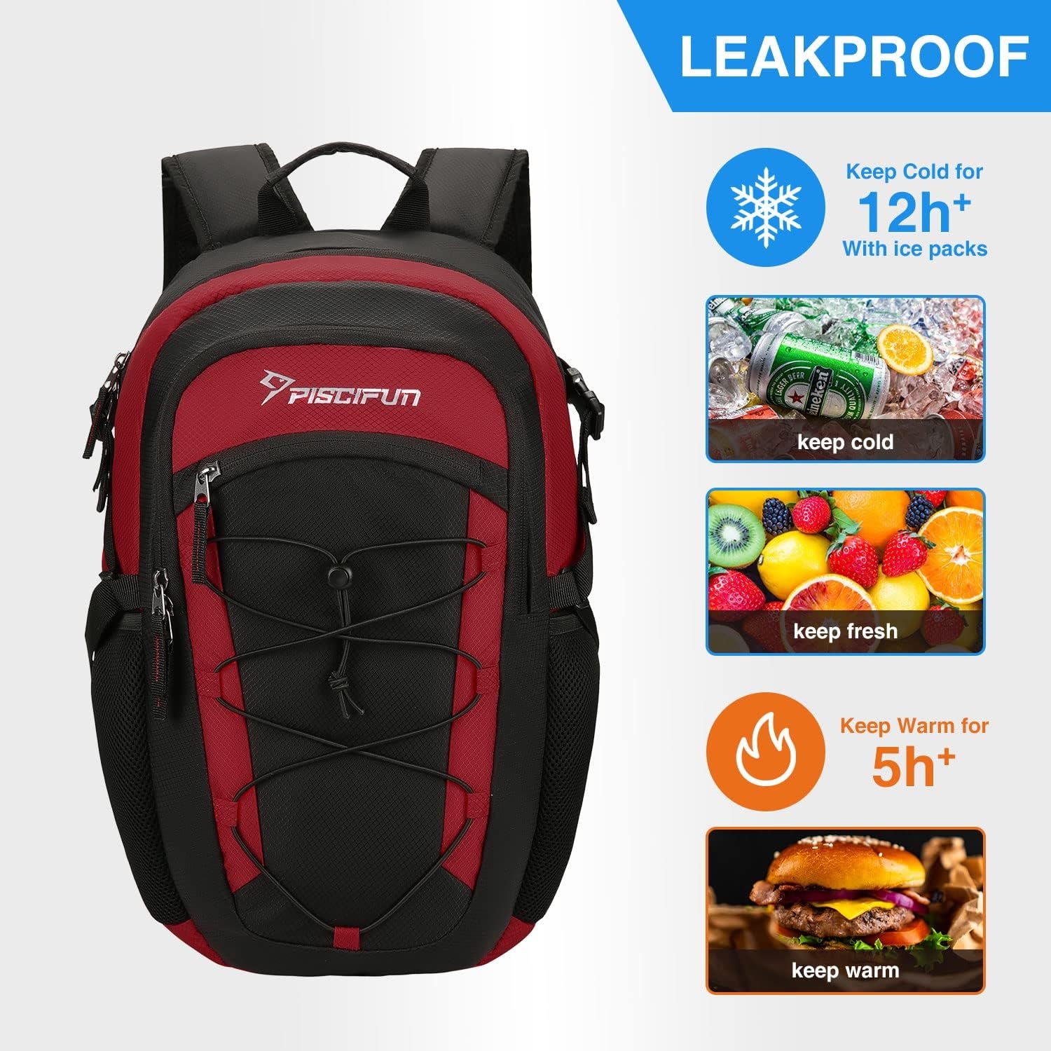 Piscifun Insulated Cooler Backpack - Lightweight, Leakproof Soft Cooler Bag for Lunch, Picnic, Fishing, Hiking, Camping, and Day Trips in Black & Red