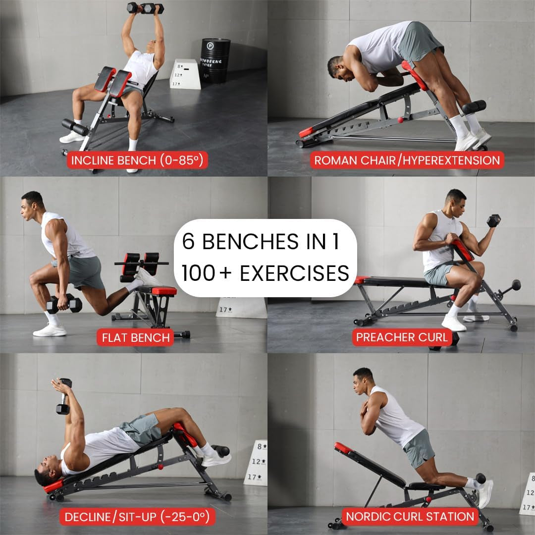 Finer Form Multi-Functional FID Weight Bench for Comprehensive Full-Body Workouts – Hyper Back Extension, Roman Chair, Adjustable Ab Sit-Up Bench, Incline/Decline Bench, and Flat Bench