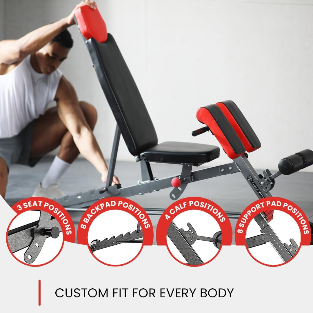 Finer Form Multi-Functional FID Weight Bench for Comprehensive Full-Body Workouts – Hyper Back Extension, Roman Chair, Adjustable Ab Sit-Up Bench, Incline/Decline Bench, and Flat Bench