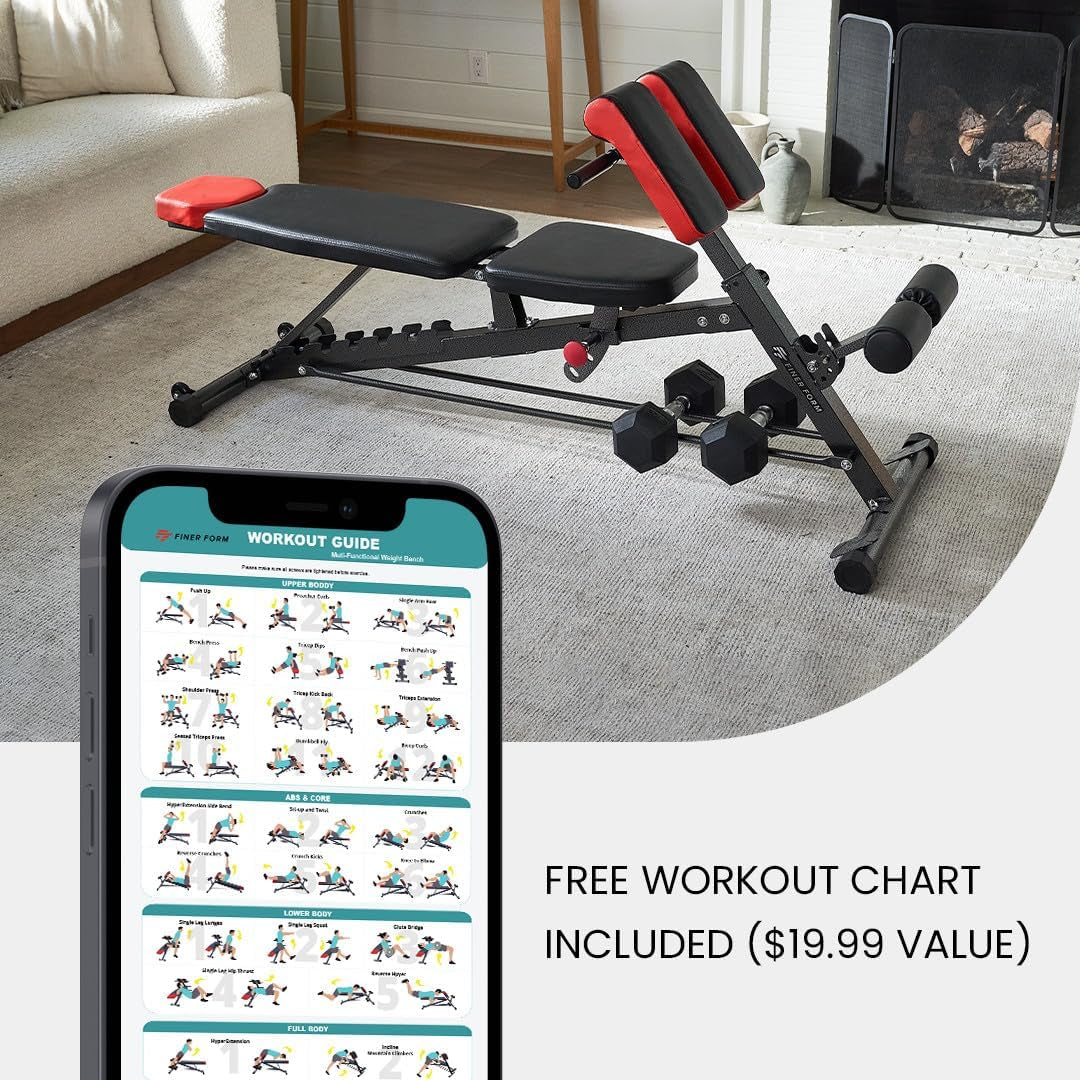 Finer Form Multi-Functional FID Weight Bench for Comprehensive Full-Body Workouts – Hyper Back Extension, Roman Chair, Adjustable Ab Sit-Up Bench, Incline/Decline Bench, and Flat Bench
