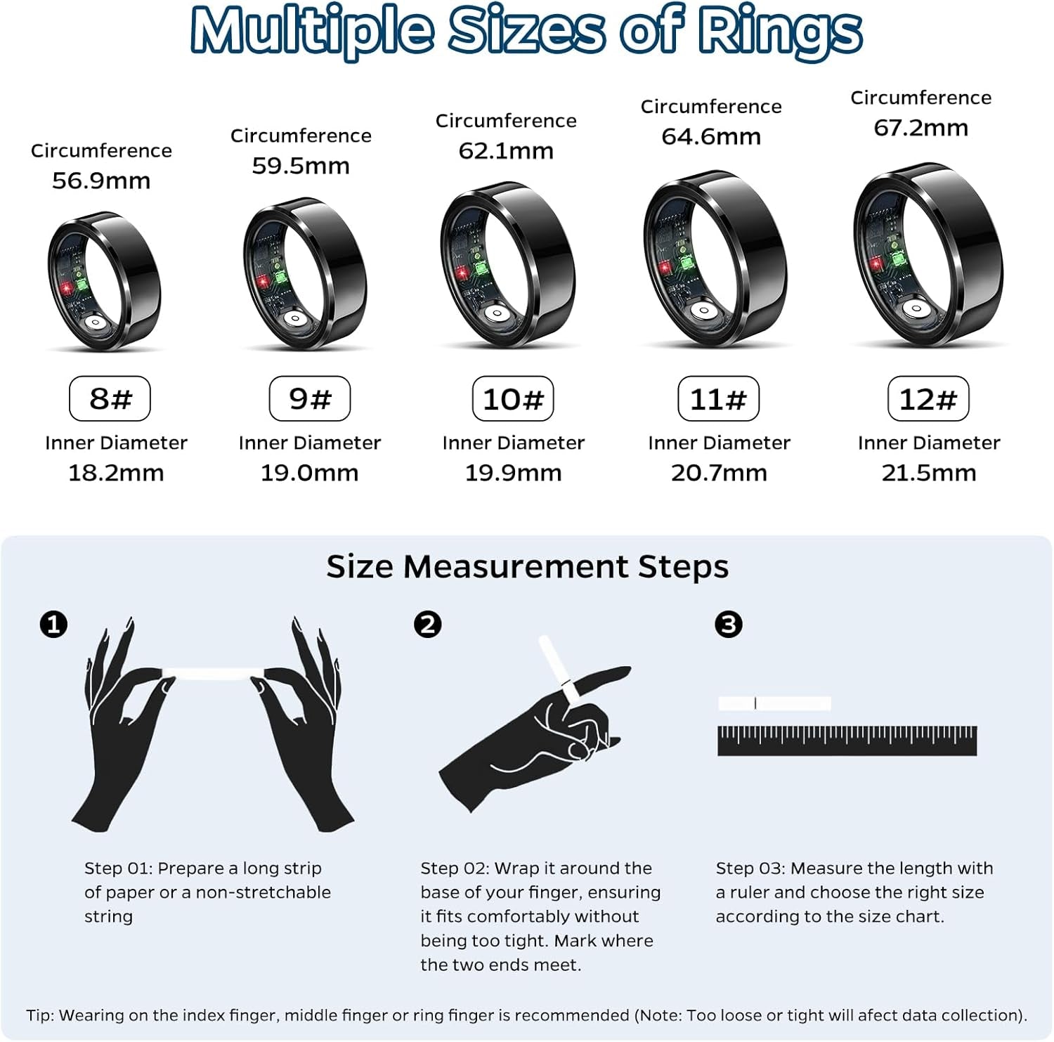 Smart Health Tracking Ring with Sleep Monitoring, Heart Rate Monitoring, and Activity Tracking Features, Waterproof Design, Air Gesture Control, Up to 7-Day Battery Life, Compatible with iOS and Android (Black, Size #10)