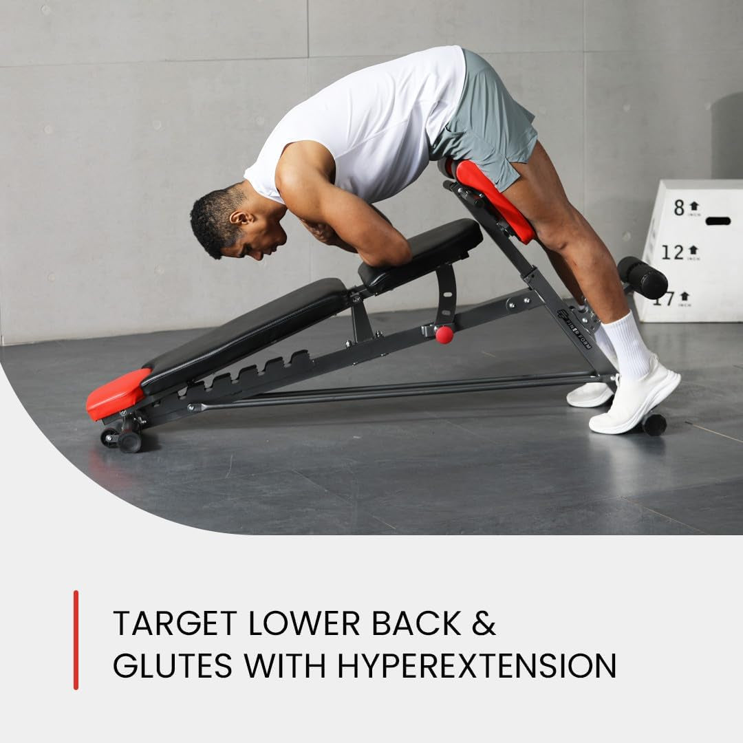 Finer Form Multi-Functional FID Weight Bench for Comprehensive Full-Body Workouts – Hyper Back Extension, Roman Chair, Adjustable Ab Sit-Up Bench, Incline/Decline Bench, and Flat Bench